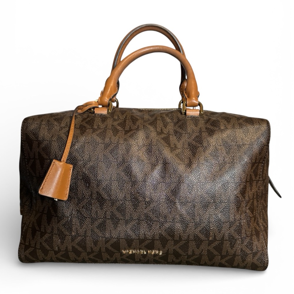 Michael Kors Kirby Brown Signature MK Logo Satchel Handbag Tan Leather Trim